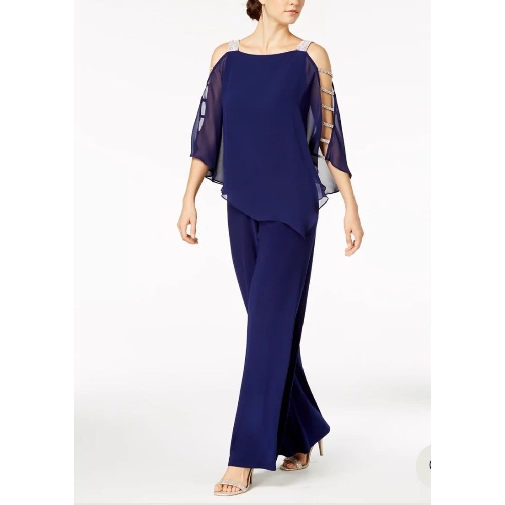 MSK Chiffon Overlay Jumpsuit Women S NEW Midnight Blue Embellished MSRP $109